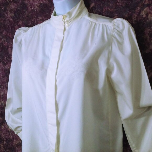 Vintage 80s Jonathan Logan Blouse Top -10 Buttons Pleats MockNeck Puff LSL Ivory - Picture 2 of 9